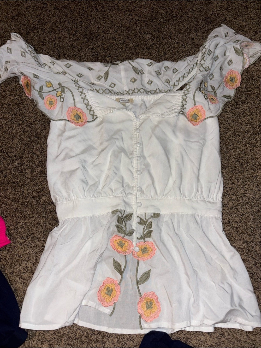 gimmicks by BKE White Off-Shoulder Tank with Pink Orange Floral Embroidery